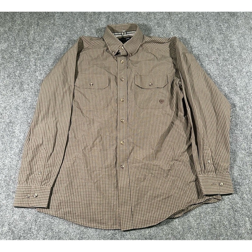 Ariat Pro Series Mens Large Brown Plaid Button Down Rodeo Cowboy Ranch